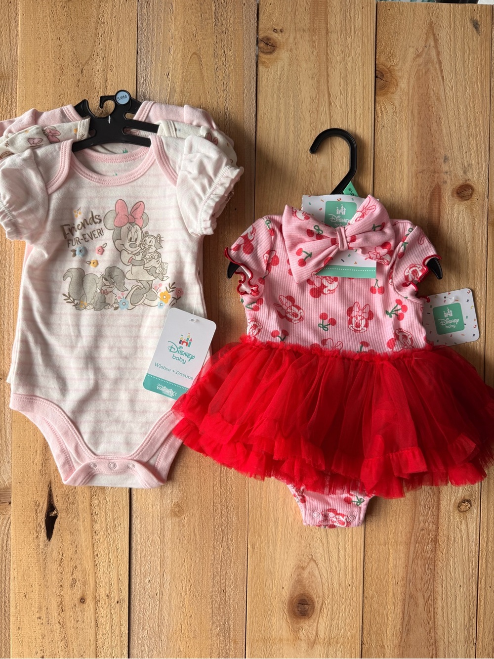 Disney Pink Minnie Mouse Tutu Bodysuit set & Minnie & friends Print 3 onsies NWT